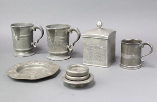 A pair of Victorian pewter spouted measures marked W R Loftus 146 Oxford Street, London, bases inscribed, unmarked pewter 1/2 pint tankard, ditto Continental square caddy decorated farming scenes, octagonal embossed dish 17cm and 3 small dishes  