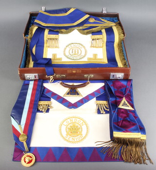 A quantity of Masonic regalia including Senior London Grand Rank full dress and undress apron and collars, Senior London Grand Rank Royal Arch Chapter apron, collar, jewel and sash, contained in a leather case