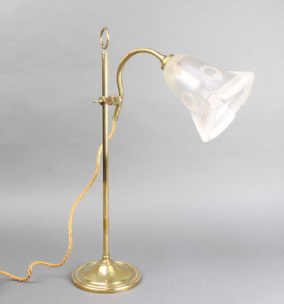 An Edwardian brass adjustable desk lamp with etched glass shade 49cm h x 14cm 
