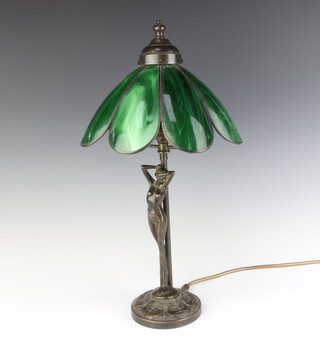 An Art Nouveau style bronzed table lamp supported by a nude lady and with green petal shaped shade 46cm h x 24cm diam. 