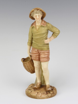 A Victorian Royal Worcester porcelain figure of a standing fisherman with basket, the base with purple Worcester mark RDNO67079 1202, 19cm h 