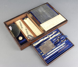 A 19th Century part geometry set comprising ivory parallel ruler 15cm, ivory folding gauge 30cm, rectangular ivory calculation gauge 15cm x 5.5cm and various polished steel pincers contained in a rosewood case 