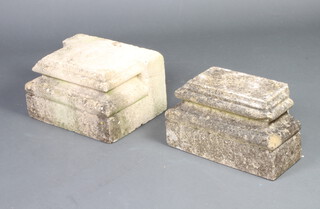 A well weathered carved stone rectangular shaped plinth base 25cm h x 46cm w x 22cm d together with 1 other 25cm x 46cm x 33cm 