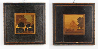 A pair of A J Rowley parquetry panels "Golden Stacks" and "Clipped Yews" 34cm x 34cm, both have impressed Rowley Kingston Copyright marks to the right hand corner 