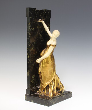 After F Levillain, a bronze and ivory figure/bookend in the form of a standing lady depicting The Arts, the base marked Syndicat Ces Fabrits De Bronzes 1616 Unis France 33cm h x 14cm x 11cm 