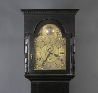 William Risbridger of Dorking, an 8 day striking longcase clock with 30cm arched dial marked William Ricebridger Dorking with subsidiary second hand, calendar aperture, striking on a bell, contained in a black painted pine case, complete with key, pendulum and 2 weights, 212cm h 