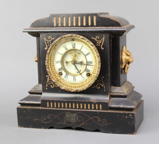 Ansonia Clock Co., An American 19th Century 8 day striking mantel clock with visible escapement, enamelled dial and Roman numerals, contained in a cast iron architectural case (no key or pendulum) 