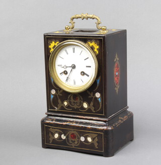 Vargues Paris, a French striking mantel clock with enamelled dial contained in a rosewood case inlaid turquoise, mother of pearl and brass, the back plate marked Vargues 378 5-2 Paris, complete with key and pendulum 