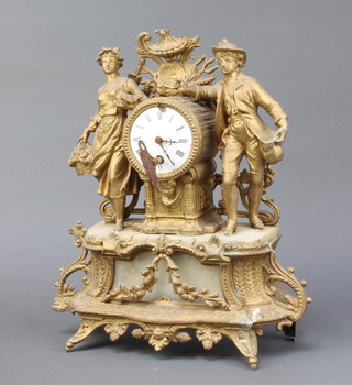 A 19th Century French 8 day mantel timepiece, the painted dial with Roman numerals contained in a gilt painted spelter and marble case supported by 2 figures of farmers (bell and pendulum missing) 