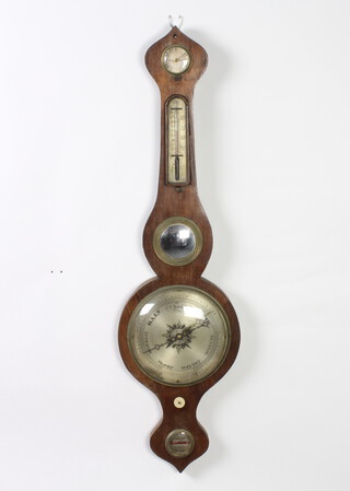 A 19th Century mercury wheel barometer and thermometer with damp/dray indicator, thermometer, mirror and spirit level in a bleached rosewood case 