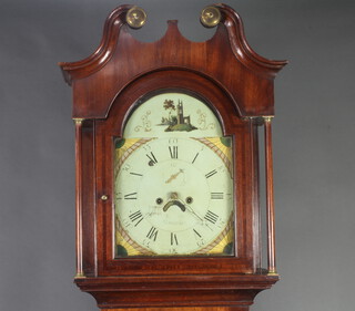 An 18th Century 8 day striking longcase clock, the 32cm arch dial with painted spandrels, Roman numerals, subsidiary second hand and calendar aperture, the makers name and place illegible, contained in an oak case 230cm h, complete with pendulum and weights 