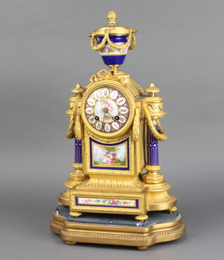 Japy Freres, a French 19th Century 9 day striking on bell mantel clock contained in a gilt ormolu and porcelain case, the dial with Roman numerals decorated cherubs contained in a gilt ormolu and porcelain mounted case surmounted by a lidded urn, the back plate marked BR1.80 36764