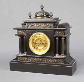 Ansonia Clock Company, an American 8 day striking mantel clock with gilt dial, visible escapement, contained in a black marble architectural case 