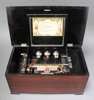 A 19th Century musical box playing 8 aires, striking on 3 bells and with 15.5cm drum, contained in a simulated rosewood case 20cm h x 48cm w x 27cm d 