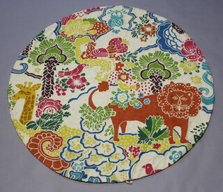 A circular Kashmiri hand stitched panel with jungle scene decorated giraffe, lion and birds 144cm x 144cm 