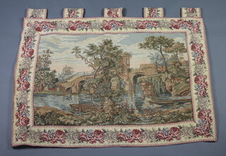A machine made tapestry panel depicting bridge and river 89cm x 124cm 