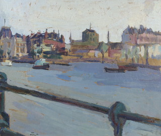 Early 20th Century oil on board, indistinctly signed, "The Thames at Putney", label on verso 35cm x 41cm 