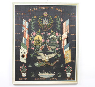 A silk work embroidery, Allied Forces in China 1909-1910, framed, 60cm x 48cm 