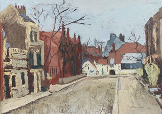 Francis Cox '48, oil on board signed, impressionist street scene, 45cm x 62cm 