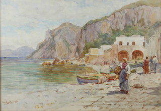 Tom Clough, watercolour signed and inscribed "Capris" figures on a harbourside 44cm x 64cm  