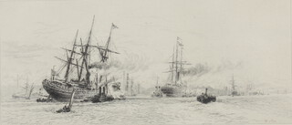 William Lionel Wyllie (1851-1931) etching "Naval Engagement", 15.5cm x 30cm 