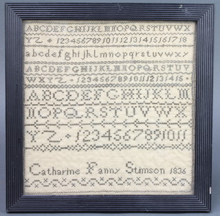 19th Century sampler, alphabets and numbers, Katherine Fanny Stimson 1836, 20.5cm x 20cm 