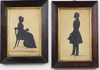 19th Century silhouette miniatures with gilt highlights of a standing gentleman 26cm x 15cm and seated lady 23cm x 15cm 
