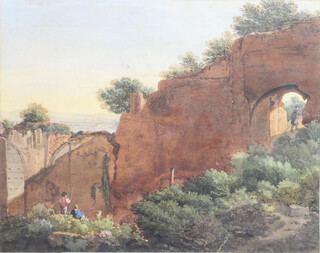 19th Century watercolour, unsigned, figures before ruins with a distant townscape 19cm x 24cm 