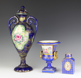 A modern Dresden 2 handled urn shaped vase decorated with spring flowers 18cm together with a ditto tea caddy 12cm  and a 2 handled vase with lid decorated flowers 40cm (damaged) 