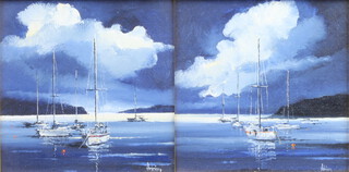 Alan King, oils on board a pair, signed, maritime studies "Sunlit Mooring" and "Sunlit Anchorage" 11cm x 11cm 