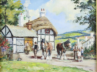 Alan King, oil on board signed, "Visit to the Smithy" 17cm x 22cm 