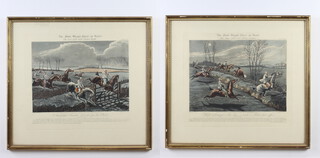 Henry Alken, coloured prints "The First Steeplechase on Record", plate 2 "The Large Field Near Biles Corner" and plate 3 "The Last Field Near Nacton Heath 36cm x 41cm  
