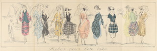 1920's fashion plate, print, "Robes Por L'ete' 1920 Gazette de Bonton no.4" 23 x 69cm 