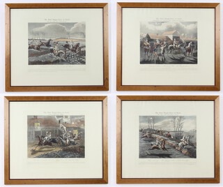 H Alken, prints "The First Steeplechase on Record", "Ipswich The Watering Place Behind the Barracks", "The Large Field Near Biles Corner", "The Last Field Near Nacton Heath, Nacton Church and Village" (4) 36cm x 41cm 