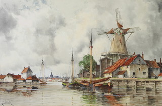Louis Van Staaten (1836 - 1909) watercolour signed, Dutch canal scene "Papendrecht, On The Maas" 40cm x 60cm 