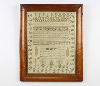 Sampler, 19th Century alphabets and verse enclosed in a formal floral border with birds and vases of flowers, Anne Harris anno domini 1819 44cm x 34cm 