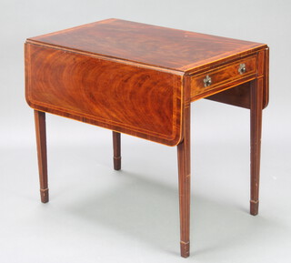 A Georgian inlaid mahogany Pembroke table, fitted a frieze drawer, raised on square tapered supports, spade feet, 73cm h x 83cm w x 54cm d