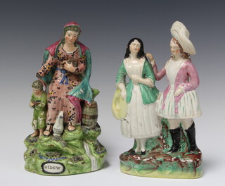 A 19th Century Walton Staffordshire figure - Widow 27cm (heavily f and with paint loss) together with a ditto flat back figure of 2 standing ladies 27cm 
