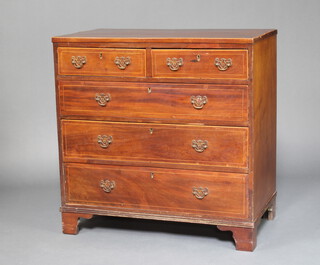 A 19th Century mahogany with inlaid satinwood stringing chest of 2 short and 3 long drawers with brass swan neck drop handles and brass escutcheons, raised on bracket feet 89cm h x 89cm w x 48cm d  