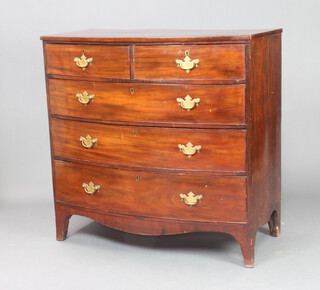 A Georgian inlaid mahogany and crossbanded bow front chest of 2 short and 3 long drawers, raised on bracket feet 103cm h x 106cm w x 56cm d 