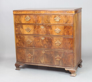 Waring and Gillow, a Queen Anne style walnut chest of 2 short and 3 long drawers with brass swan neck drop handles, raised on ogee bracket feet 106cm h x 108cm w x 54cm d 