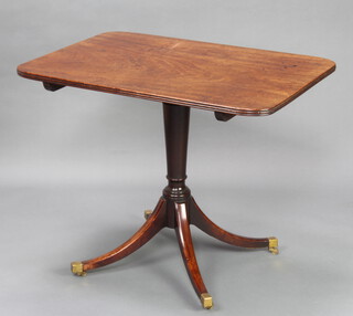 A Regency rectangular mahogany snap top breakfast table, raised on gun barrel and tripod supports with brass caps and casters 73cm h x 92cm w x 66cm d 