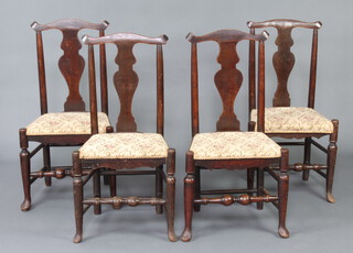 A set of 4 18th Century elm slat back dining chairs with upholstered seats raised on turned supports, pad feet 