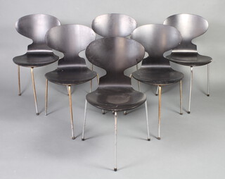 Fritzhansen, a mid Century Danish set of 6 ebonised and chrome butterfly style dining chairs, raised on 3 chrome supports, all bases labelled Made in Denmark 0164 by Fritzhansen HF Furniture Makers, Danish Control  