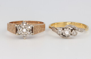 An 18ct yellow gold 3 stone diamond ring size R 1/2 and a 9ct yellow gold diamond cluster ring size P 1/2