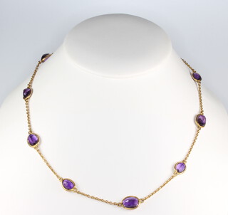 A yellow gold amethyst set necklace 44cm 