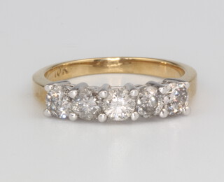A 10ct yellow gold 5 stone diamond ring approx. 1ct, size K