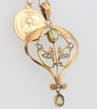 A 9ct yellow gold peridot pearl pendant and chain, ditto St Christopher and chain, 6 grams gross