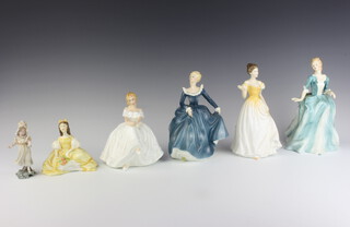 A 19th Century Continental biscuit porcelain figure of a standing bonnetted girl 10cm (finger chipped), a Royal Worcester figure - Bridesmaid and 4 Royal Doulton figures - Heather HN2956, Fragrance HN2234, Yvonne HN3038 and Classic Katherine HN4467 