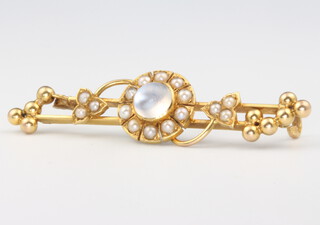 A 15ct yellow gold moonstone and seed pearl bar brooch, 3.5 grams